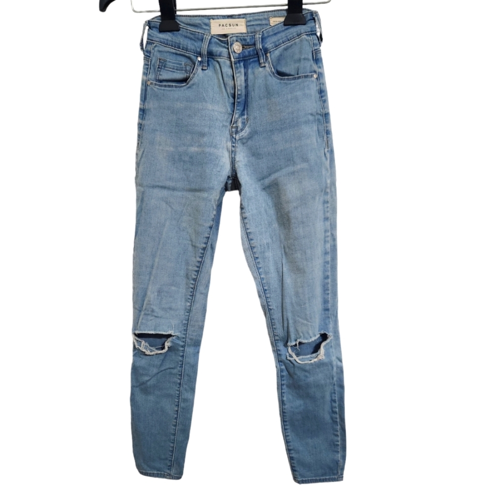 Pacsun Super High Rise Skinniest Jeans Light Wash Women's 23 Short Knee Holes